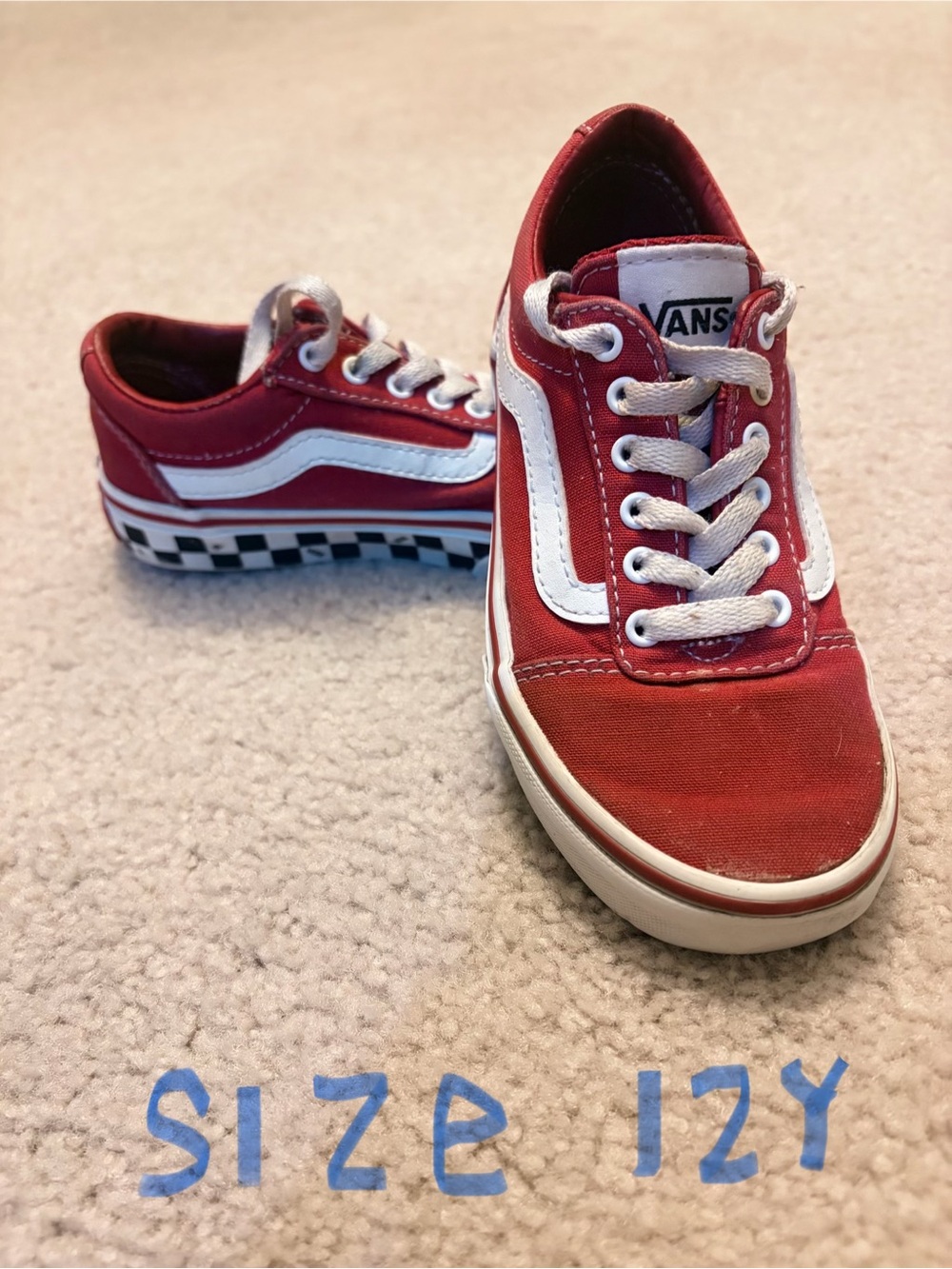 Vans Kids Red Old Skool Sneakers with White Stripe and Checkerboard Midsole